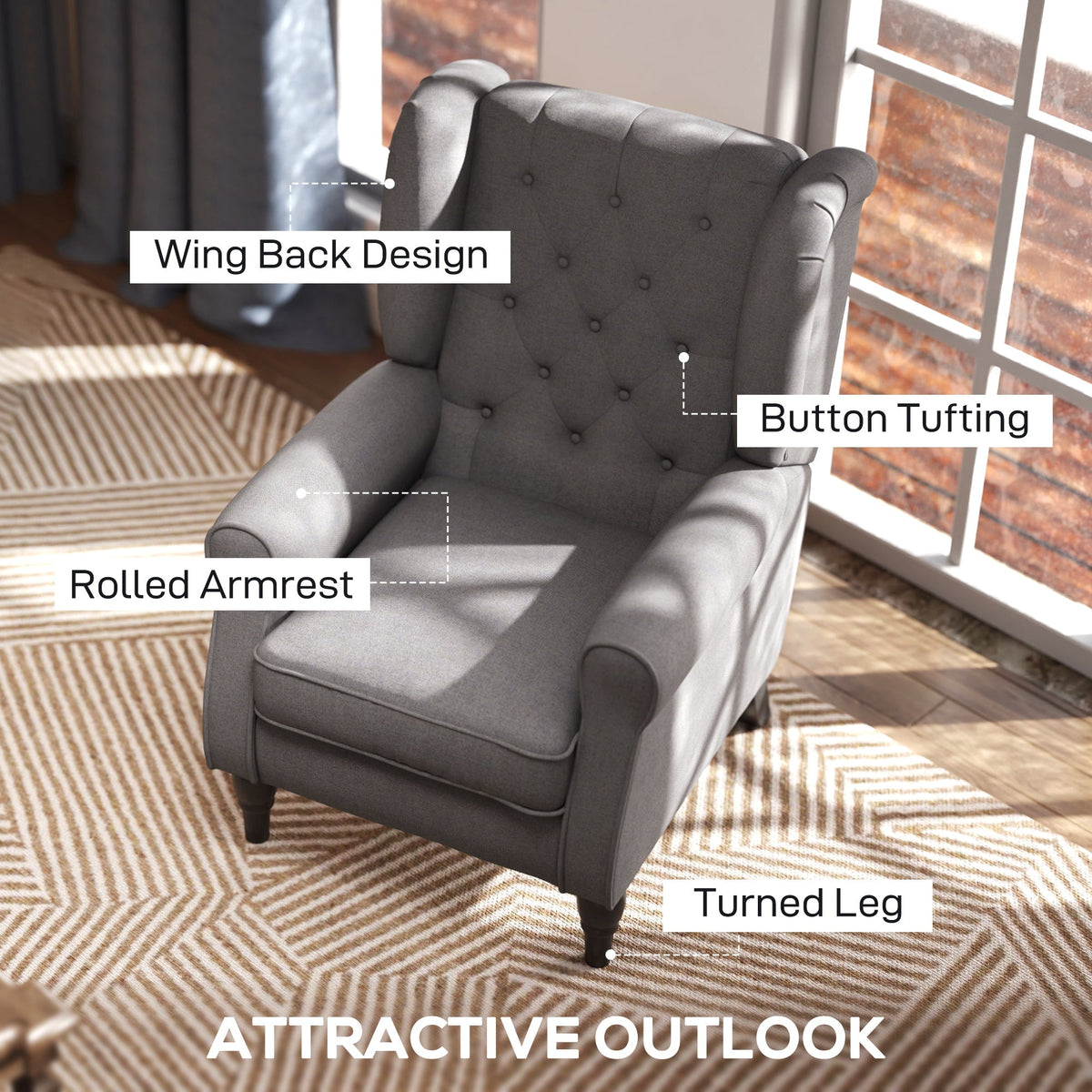 HOMCOM Retro Accent Chair, Linen Wingback Armchair with Wood Frame Button Tufted Design for Living Room Bedroom, Dark Grey