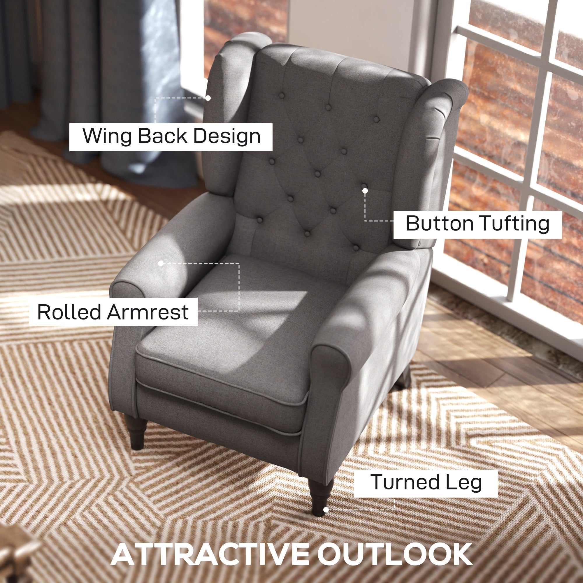 HOMCOM Retro Accent Chair, Linen Wingback Armchair with Wood Frame Button Tufted Design for Living Room Bedroom, Dark Grey