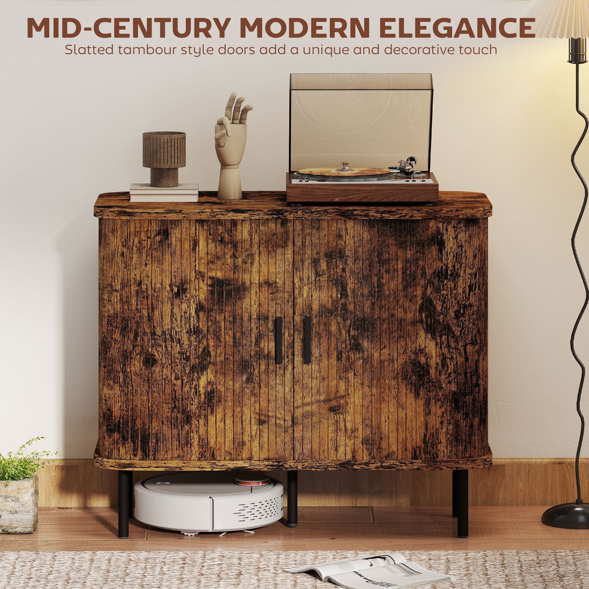 HOMCOM Mid-Century Modern Sideboard Storage Cabinet with Slatted Tambour Sliding Doors, Kitchen Cabinet with Steel Legs, Rustic Brown