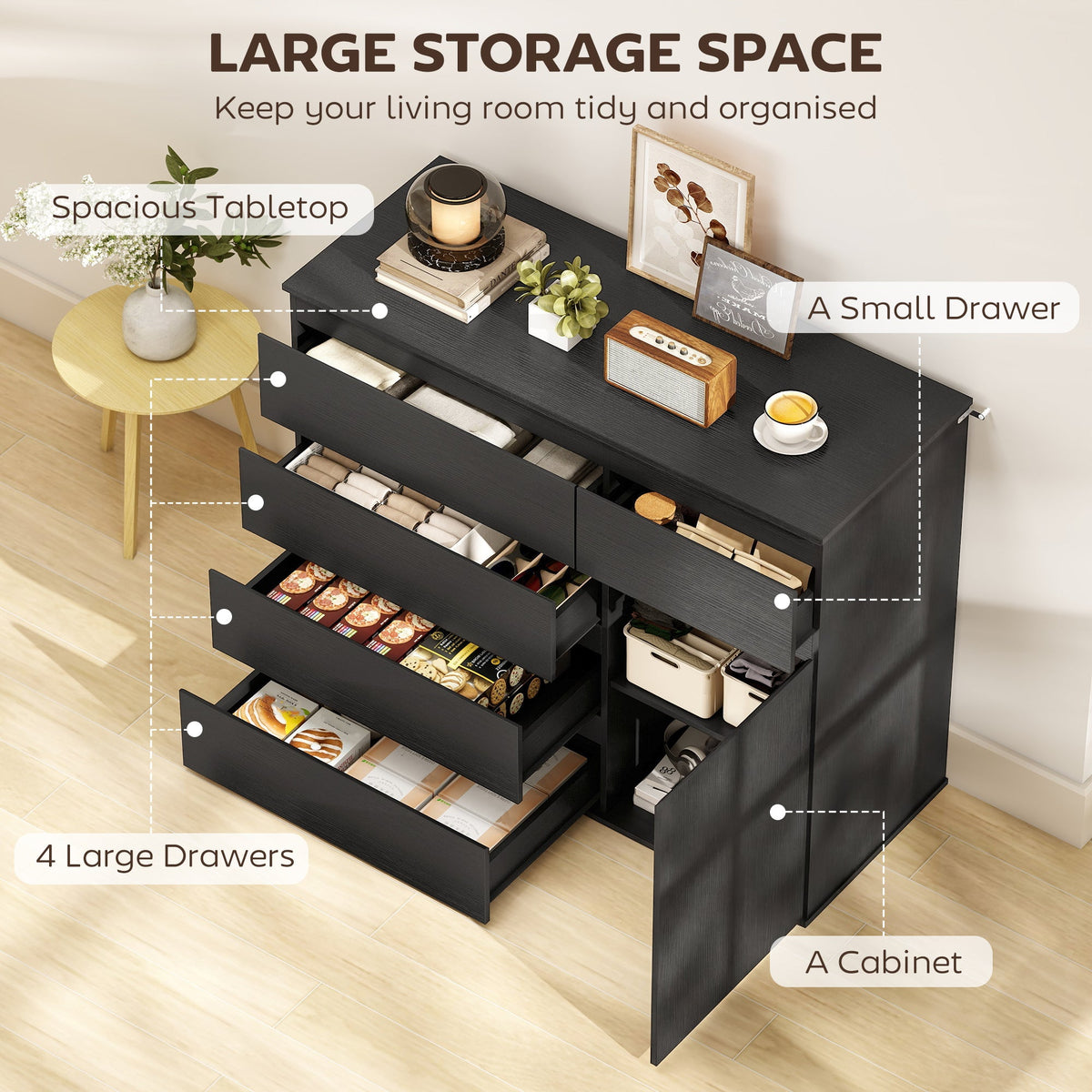 HOMCOM Modern Chest Of Drawers, 5 Drawer Dresser with Adjustable Shelf, Soft-Close Door, Black