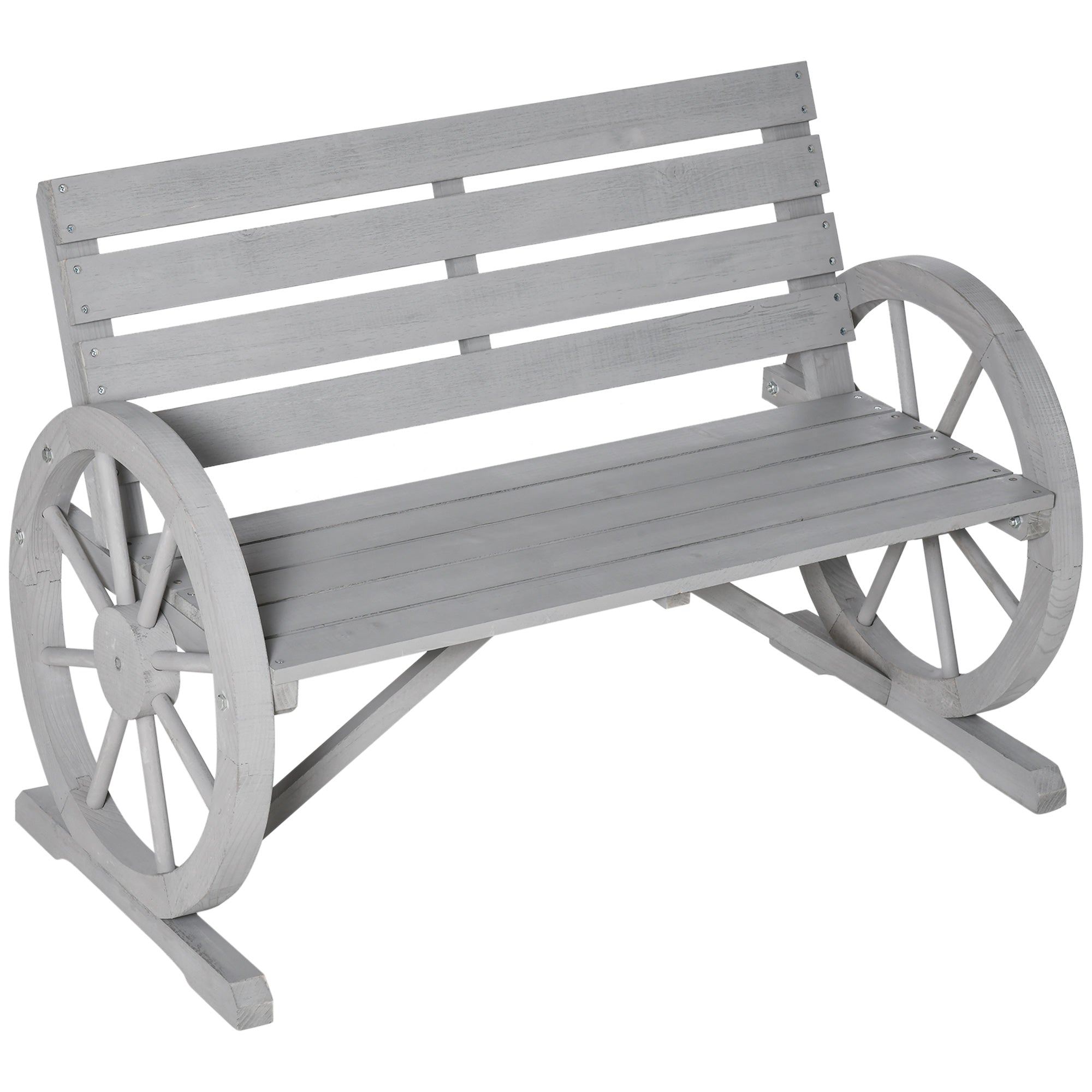 Outsunny Wooden Cart Wagon Wheel 2 Seater Garden Bench Outdoor Garden Armrest Chair Rustic High Back Loveseat Grey