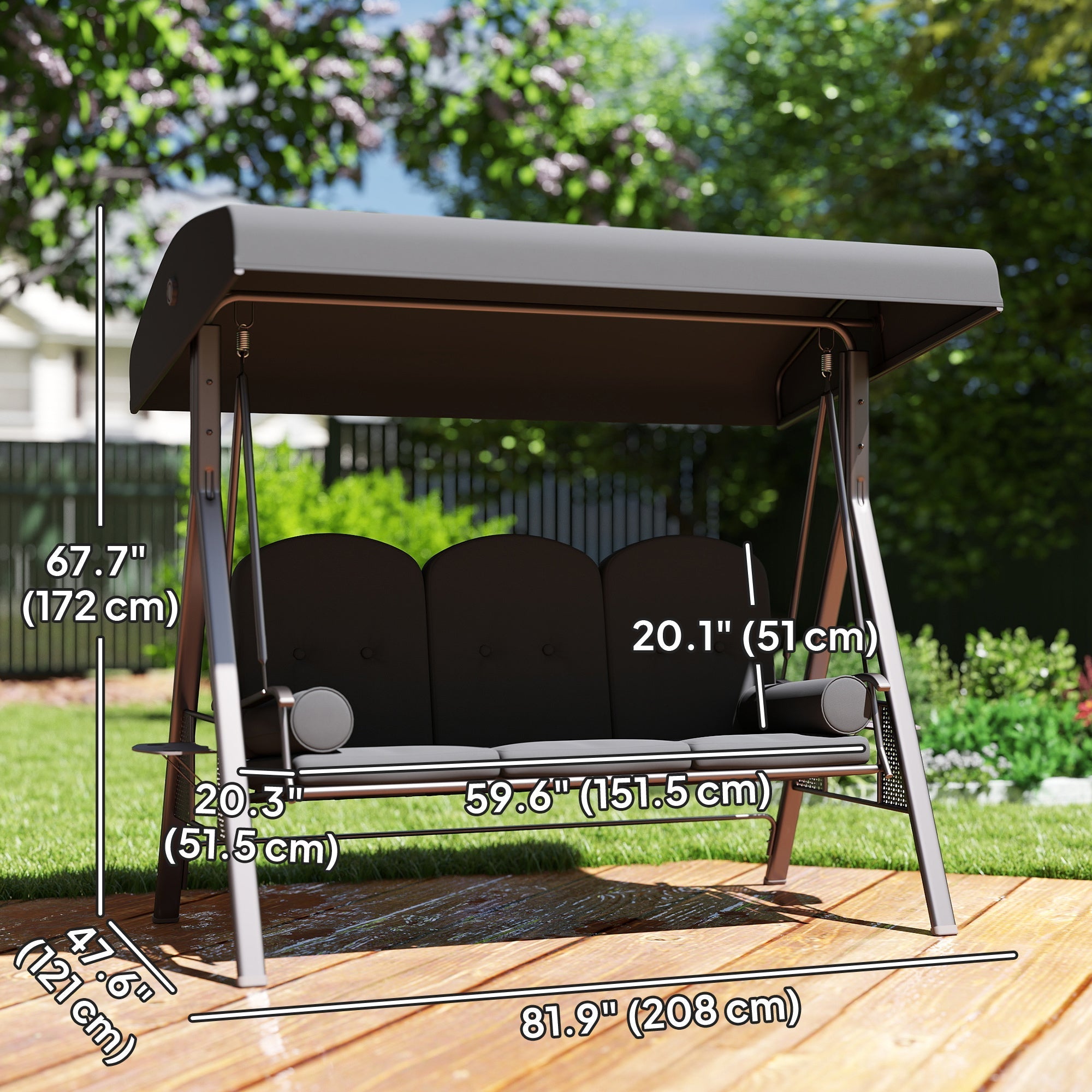 Outsunny 3 Seater Garden Swing Chair Outdoor Hammock Bench w/ Adjustable Canopy, Cushions and Cup Trays, Brown Steel Frame, Dark Grey Fabric