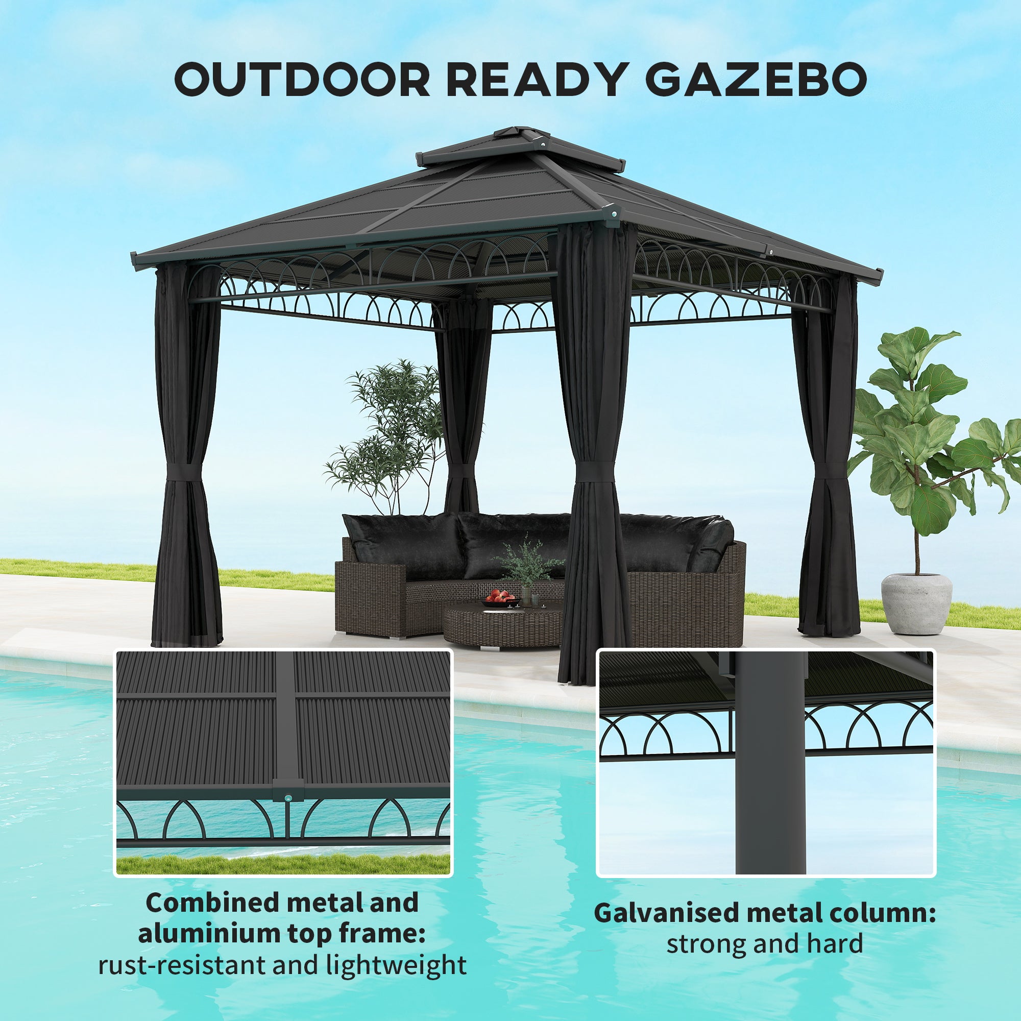Outsunny 3 x 3 (m) Outdoor Polycarbonate Gazebo, Double√Ç Roof Hard Top Gazebo with√Ç Galvanised Steel Frame, Nettings√Ç &√Ç Curtains for Garden, Lawn, Patio and Deck, Dark Grey