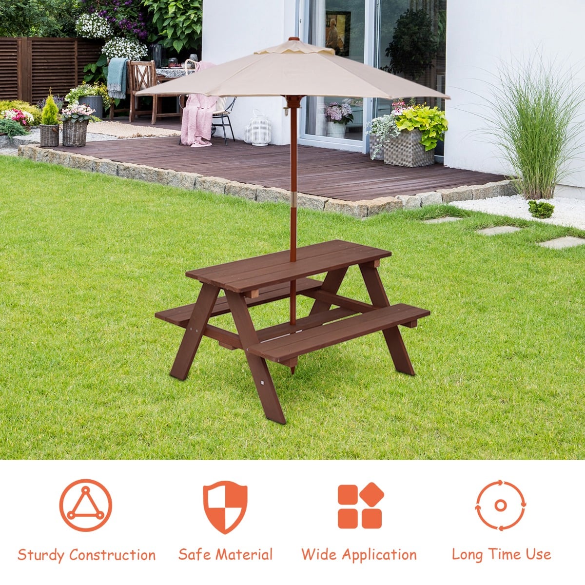 Children's Garden Picnic Table Bench with Sun Umbrella