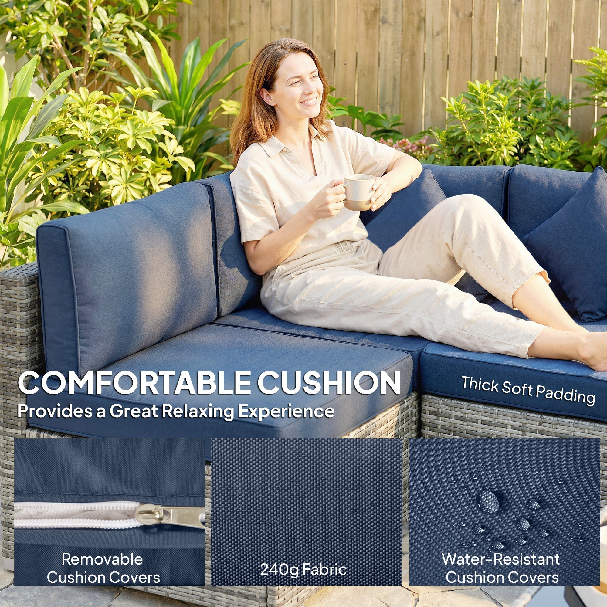 Outsunny 8 Pieces PE Rattan Corner Sofa Set, Outdoor Garden Furniture Set, Patio Wicker Sofa Seater w/ Cushion, Dark Blue
