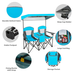 Double Folding Camping Chair with Canopy and Armrests-Blue