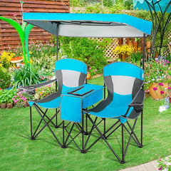 Double Folding Camping Chair with Canopy and Armrests-Blue