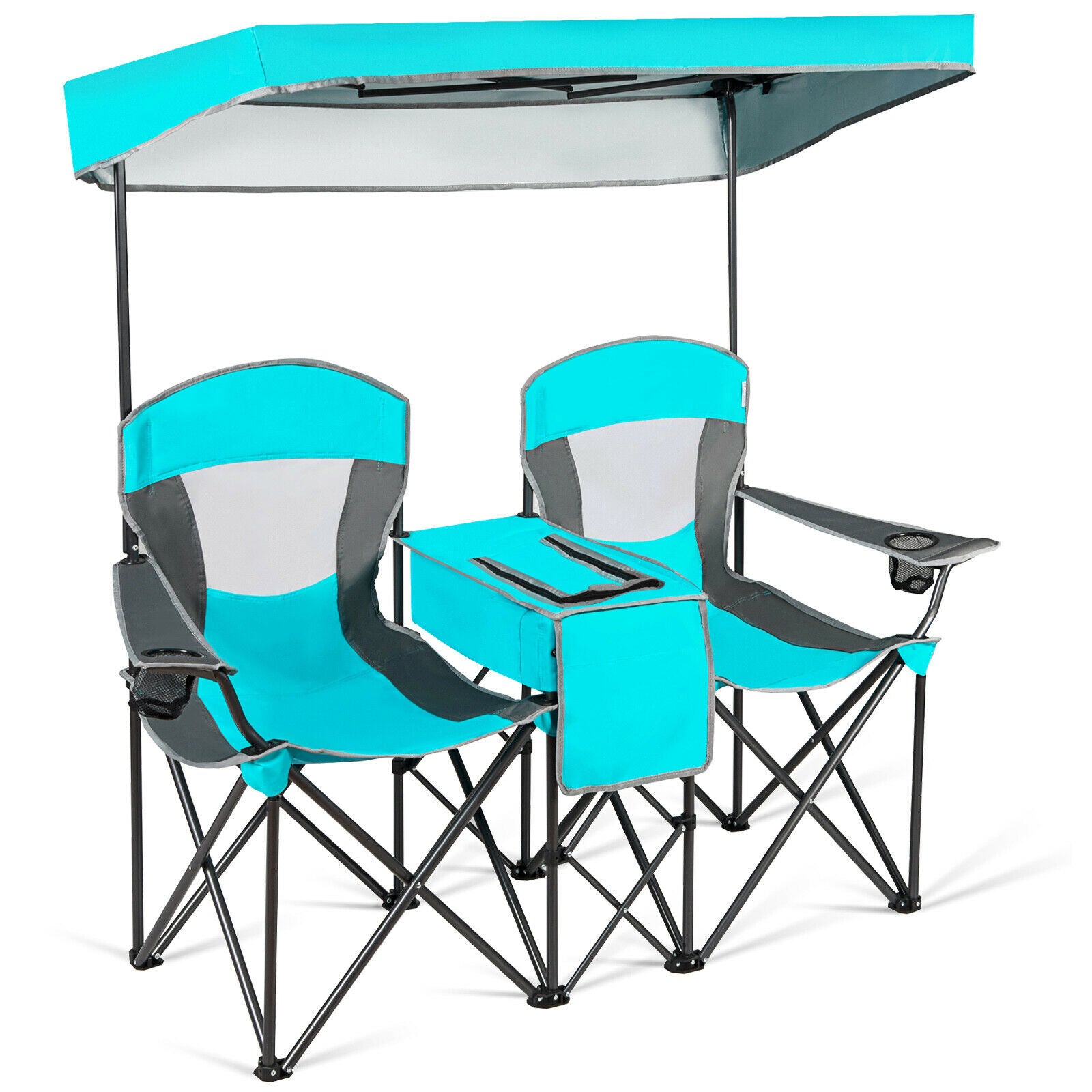 Double Folding Camping Chair with Canopy and Armrests-Turquoise