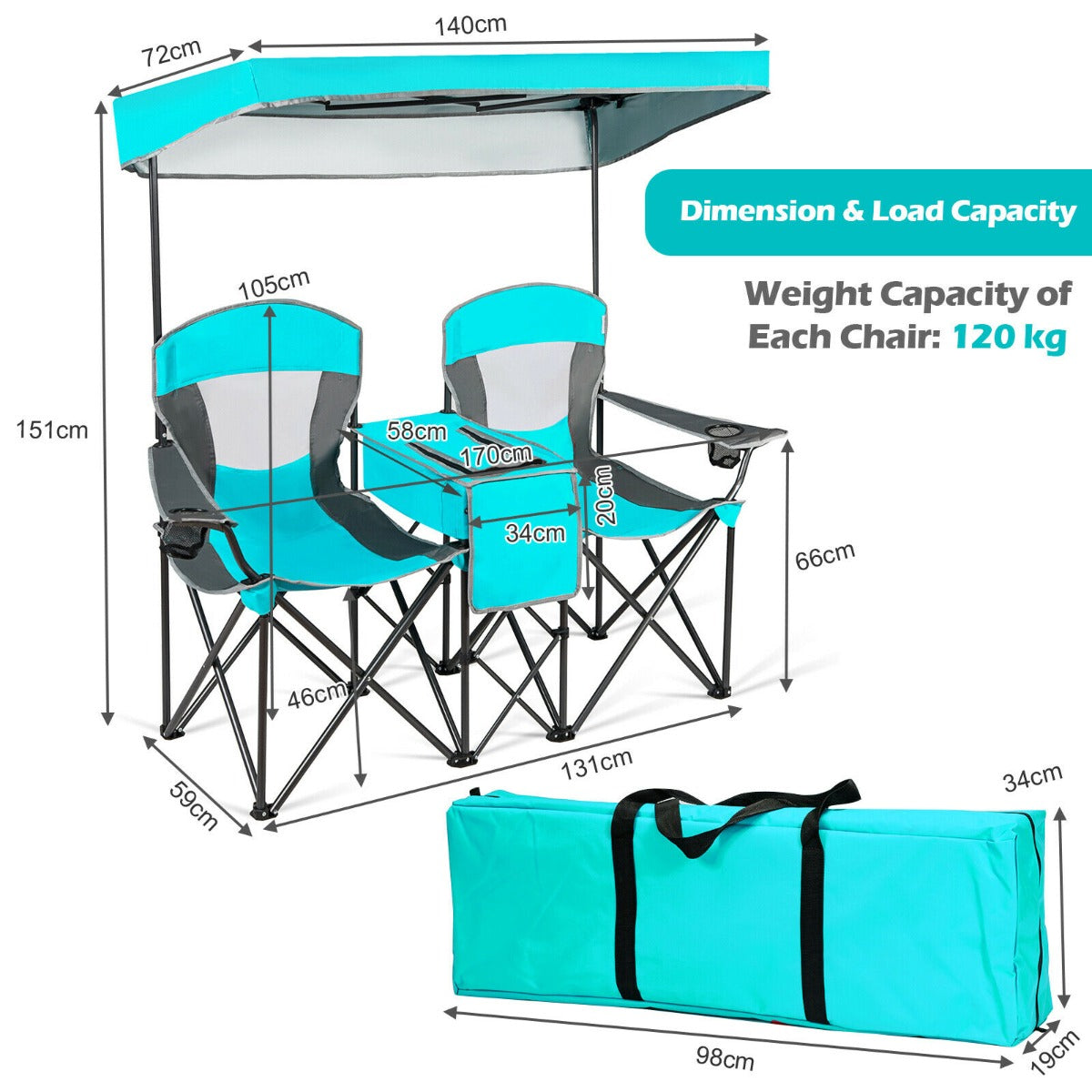 Double Folding Camping Chair with Canopy and Armrests-Turquoise