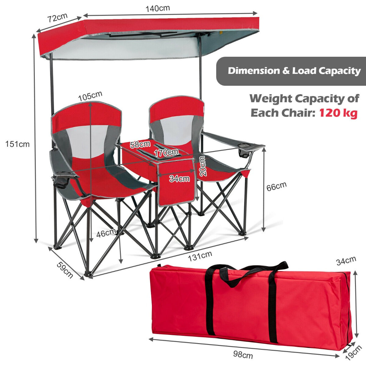 Double Folding Camping Chair with Canopy and Armrests-Red
