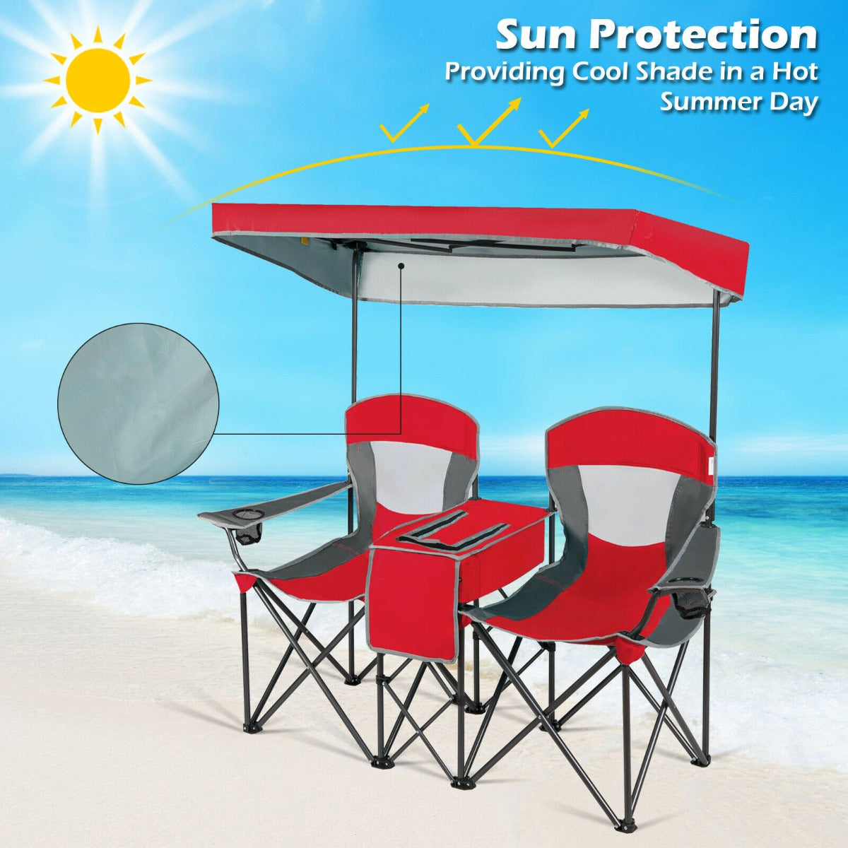 Double Folding Camping Chair with Canopy and Armrests-Red