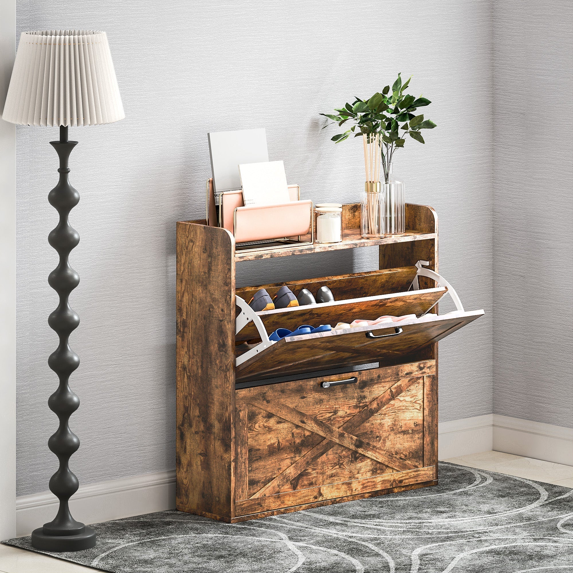 HOMCOM Two Flip Drawer Narrow Shoe Cabinet with Adjustable Shelves - Rustic Brown