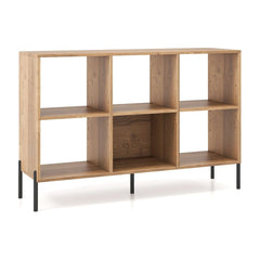 Open-Back Wood Bookshelf Storage Rack with 6 Compartments in natural wood finish with black legs
