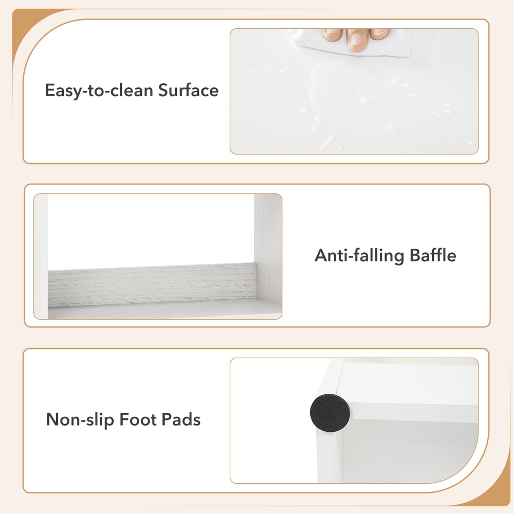 White bookcase with drawer and eight open cubes, showing easy-to-clean surface, anti-falling baffle and non-slip foot pads