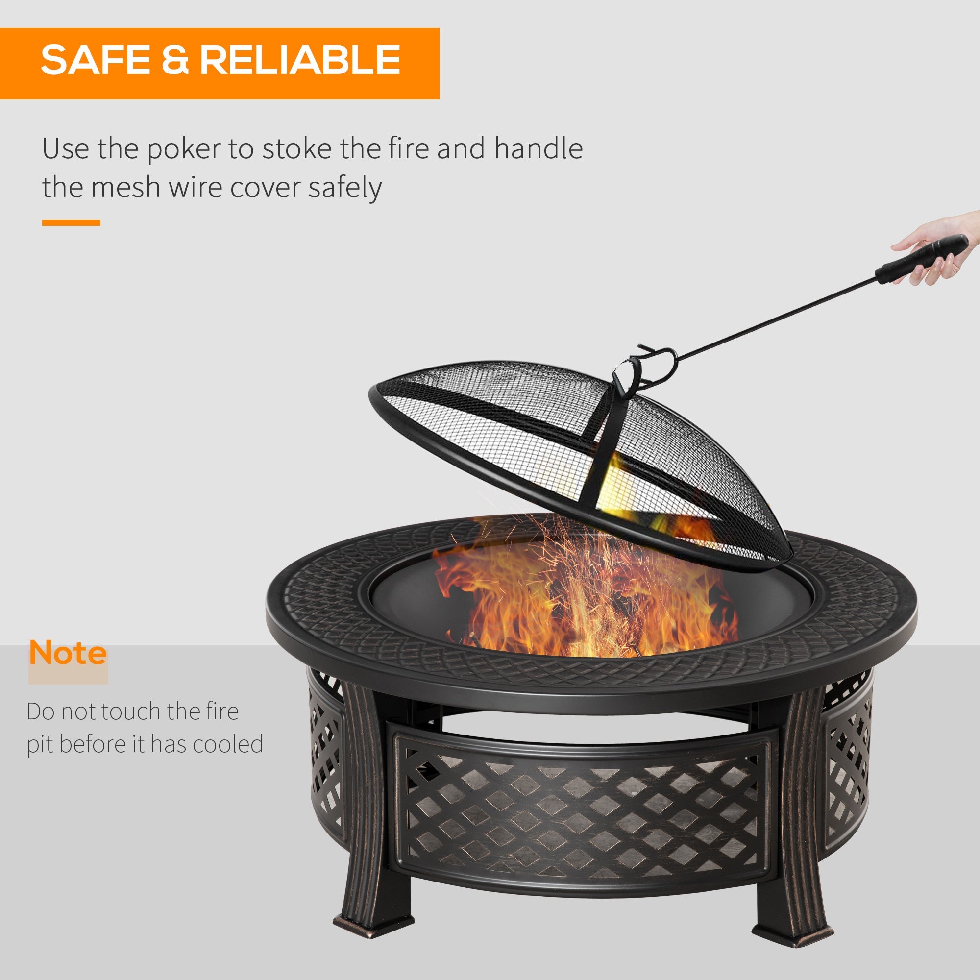 Outsunny Outdoor Fire Pit, Firepit with Grill Net, Mesh Lid, Poker, for Camping, Bonfire, Picnic, Bronze Tone