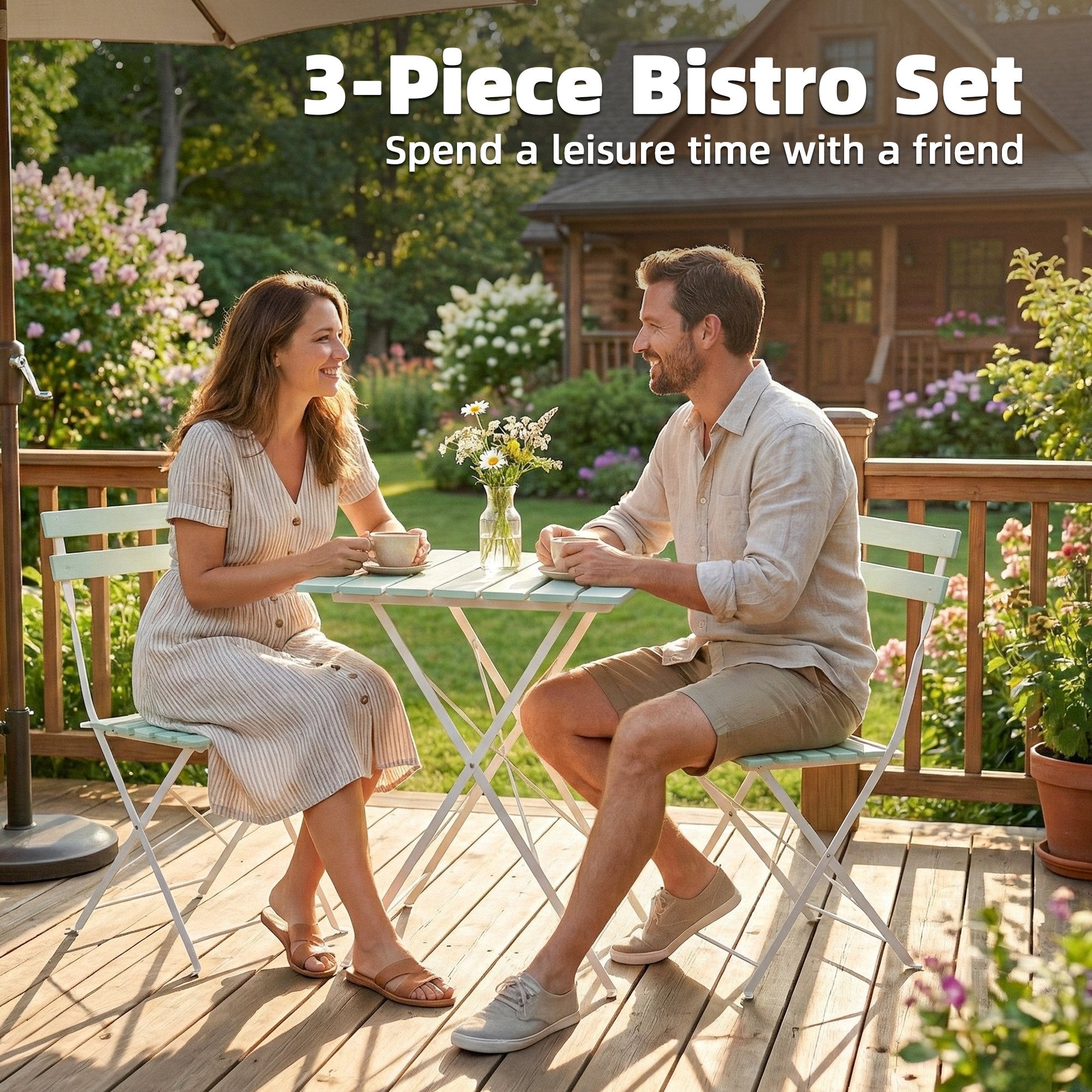 Outsunny Outdoor Bistro Set Folding Patio Furniture Set with 2 Chairs Table for 2 People White and Green