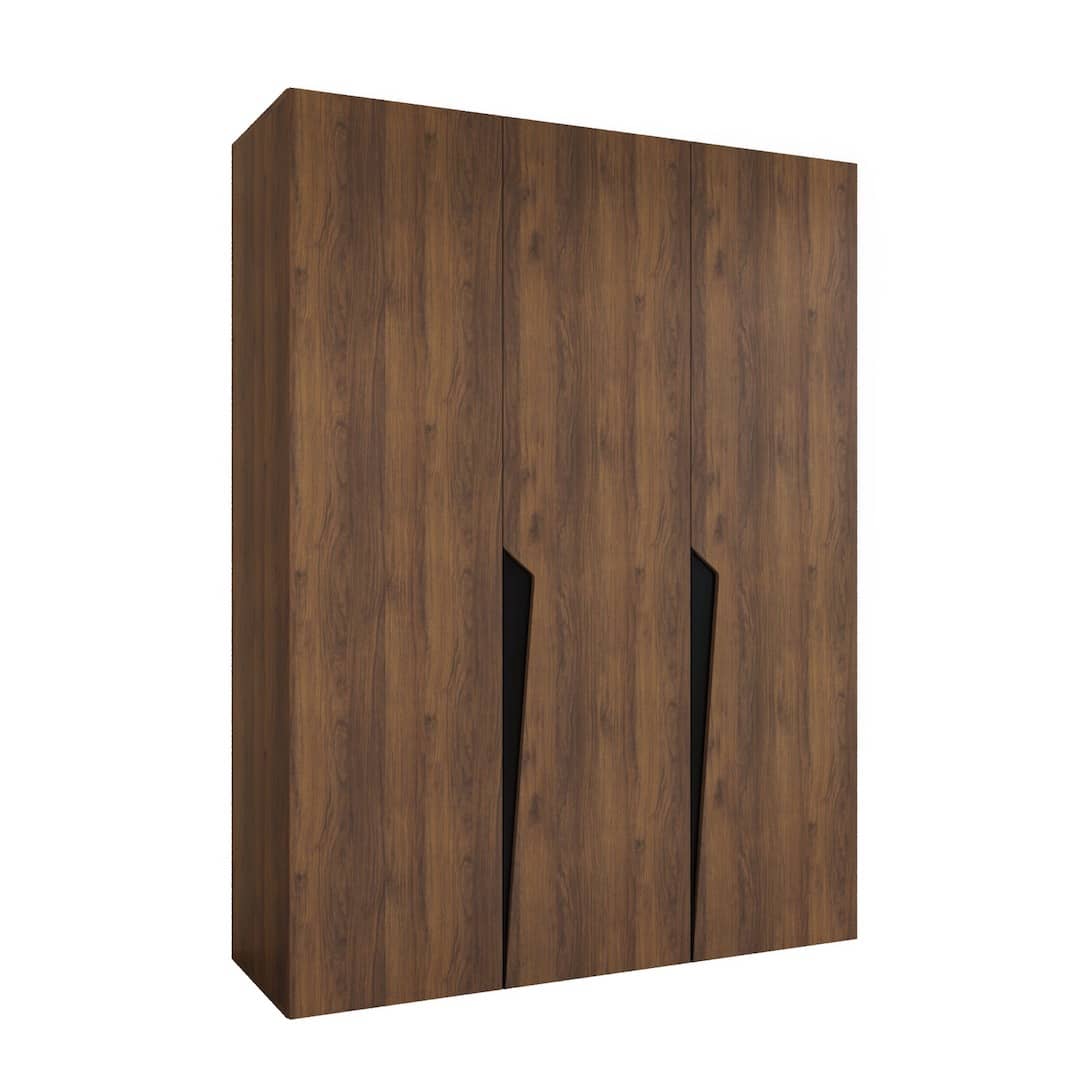 A wood effect hinged wardrobe from a side angle on a white background