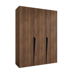 A wood effect hinged wardrobe from a side angle on a white background