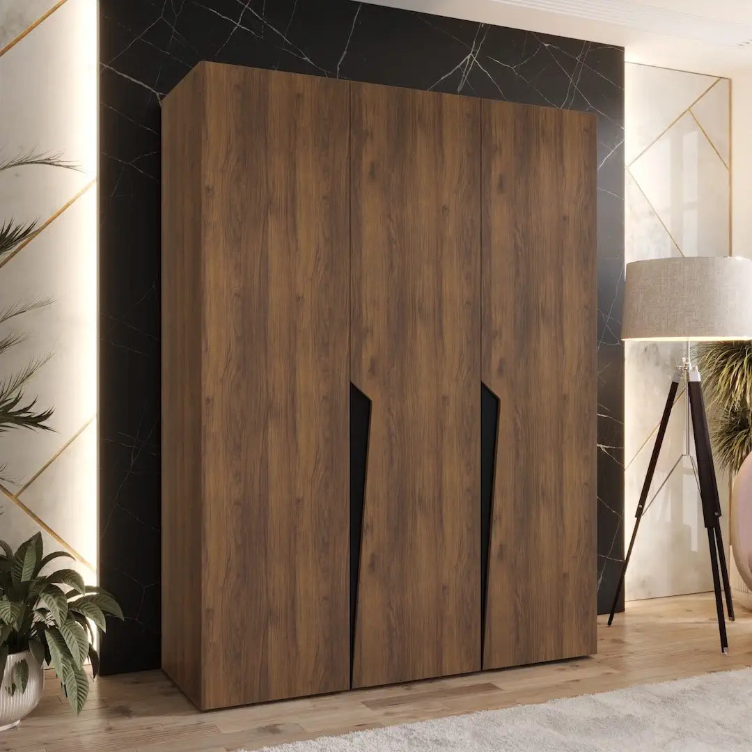 The hinged wardrobe in a dark wood effect finish, set within a modern interior design