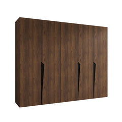 The hinged wardrobe in a dark wood effect shown from an angle on a white background