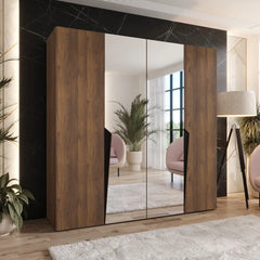The hinged wardrobe in a wood effect finish with mirrored doors