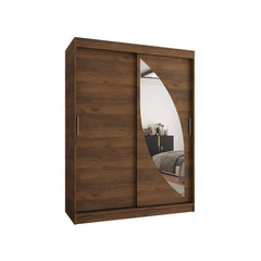The dark wood sliding door wardrobe with a curved mirror on the right door