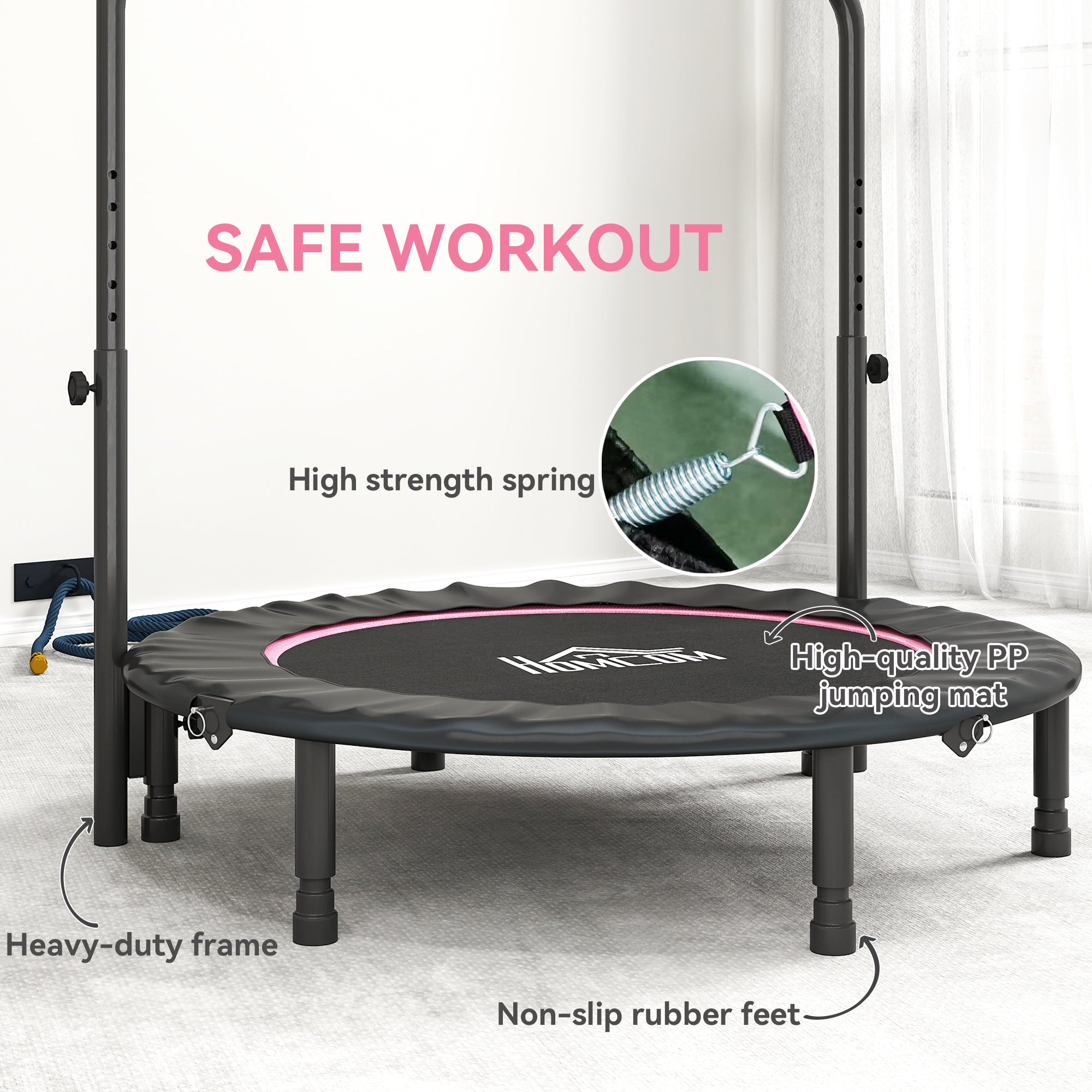 HOMCOM 45" Foldable Mini Fitness Trampoline, with Adjustable Foam Handle, Pink