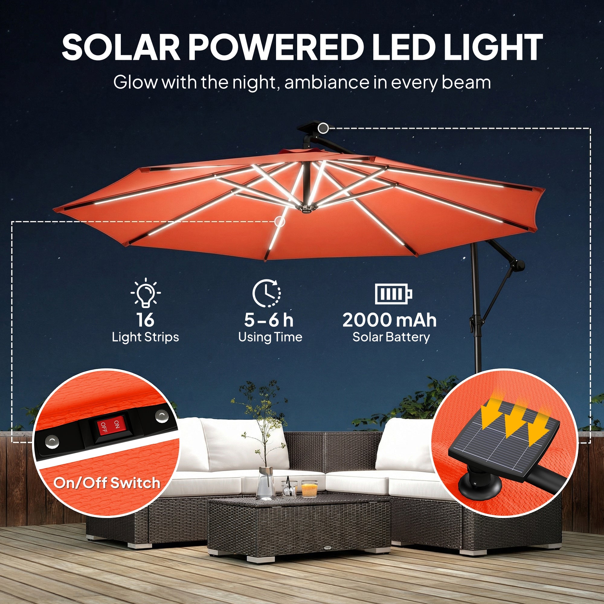 Outsunny 3 m Garden Cantilever Parasol with LED Solar Light, Round Overhanging Umbrella with 360Â° Rotation, Cover, Orange