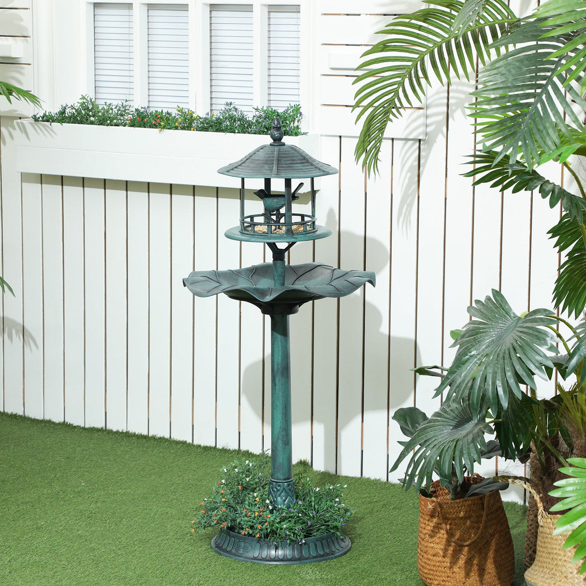 Outsunny 3-in-1 Garden Bird Bath, Freestanding Birdbath with Large Water Basin, Underneath Flower Planter, _50 x 113 cm