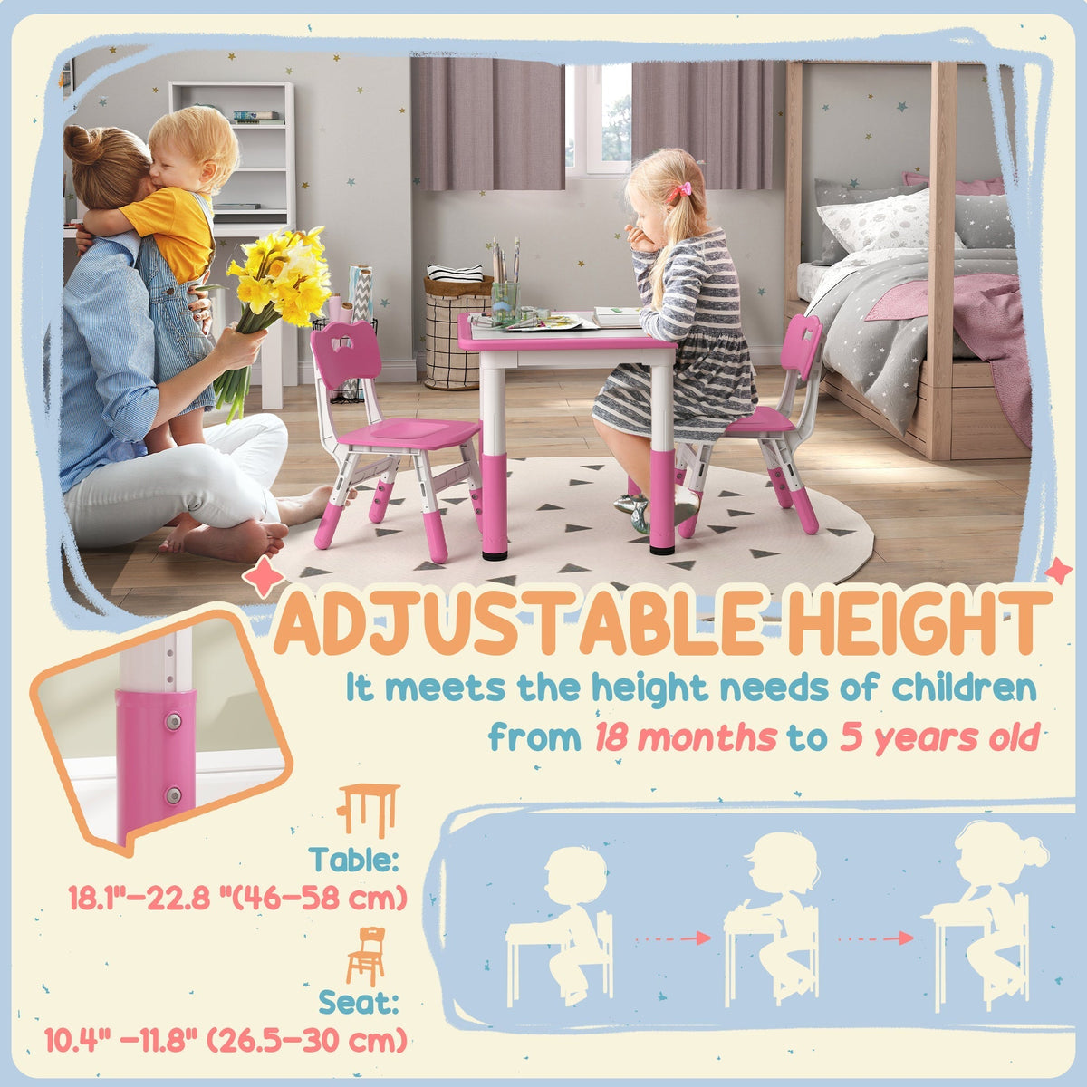 AIYAPLAY Height Adjustable Toddler Table and Chair Set, 3-Piece Children Activity Table w/ 2 Chairs for Playroom, Bedroom - Pink