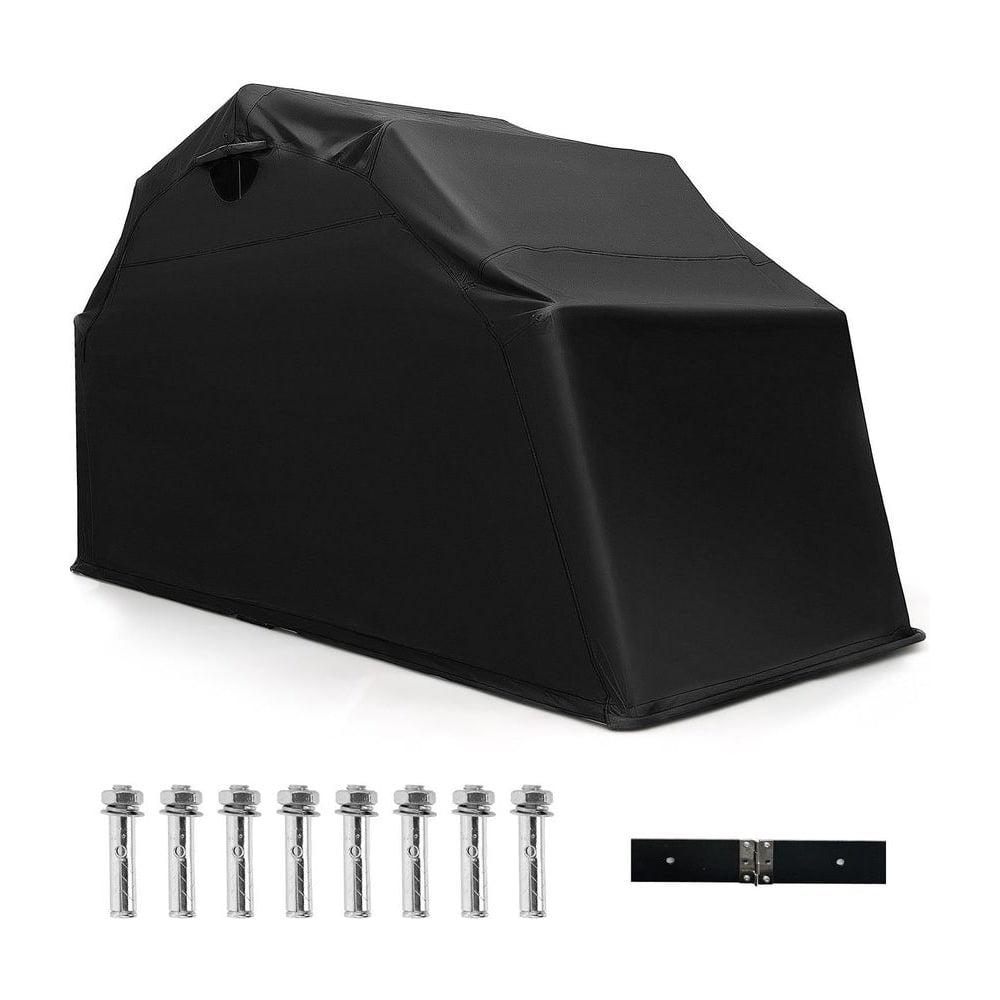 Outdoor Motorcycle Shelter Storage Shed in black with metal bolts and a flat bracket