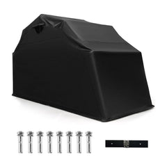 Outdoor Motorcycle Shelter Storage Shed in black with metal bolts and a flat bracket