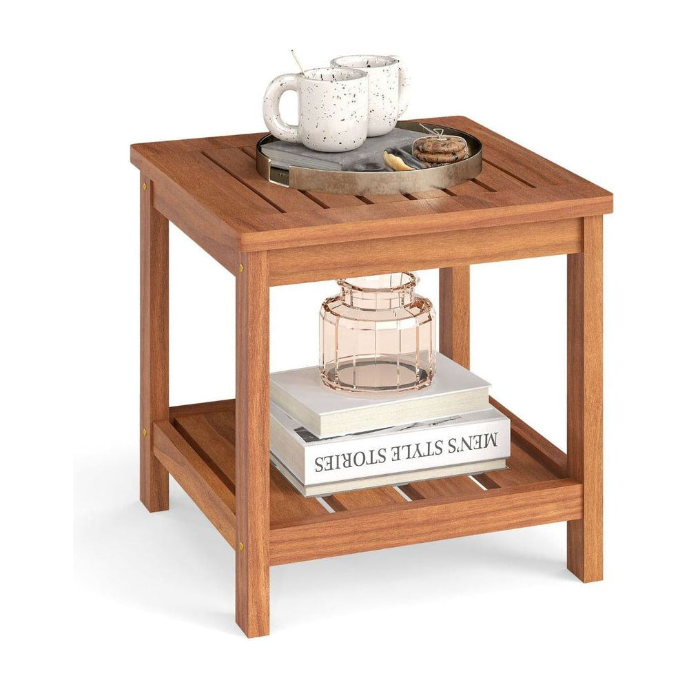 Outdoor Side Table with two tiers holding a tray of mugs and books on the lower shelf