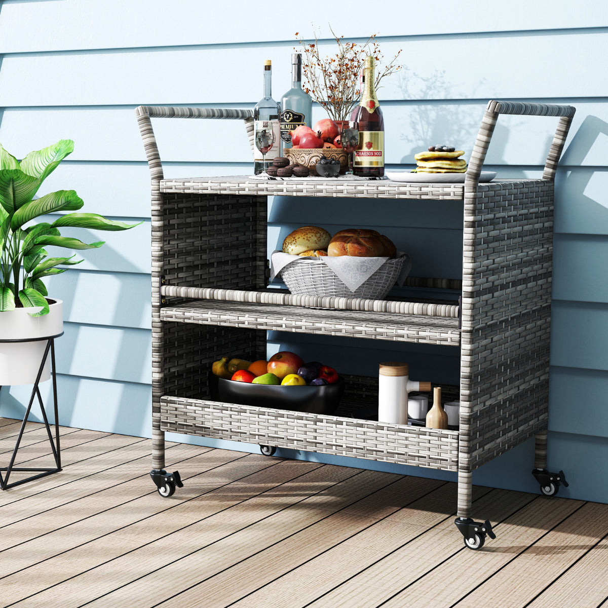 Outdoor Bar Cart 3-Tier Patio Rattan Storage Shelf Wicker Serving Table