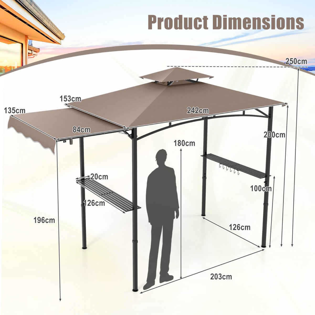 Outdoor Barbecue Canopy Tent Grill Gazebo with Side Awning-Brown
