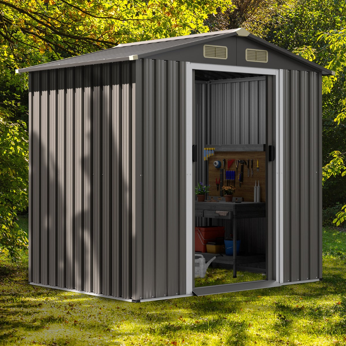 6 x 4 Feet Outdoor Metal Storage Shed with Ventilation Sliding Doors-Grey