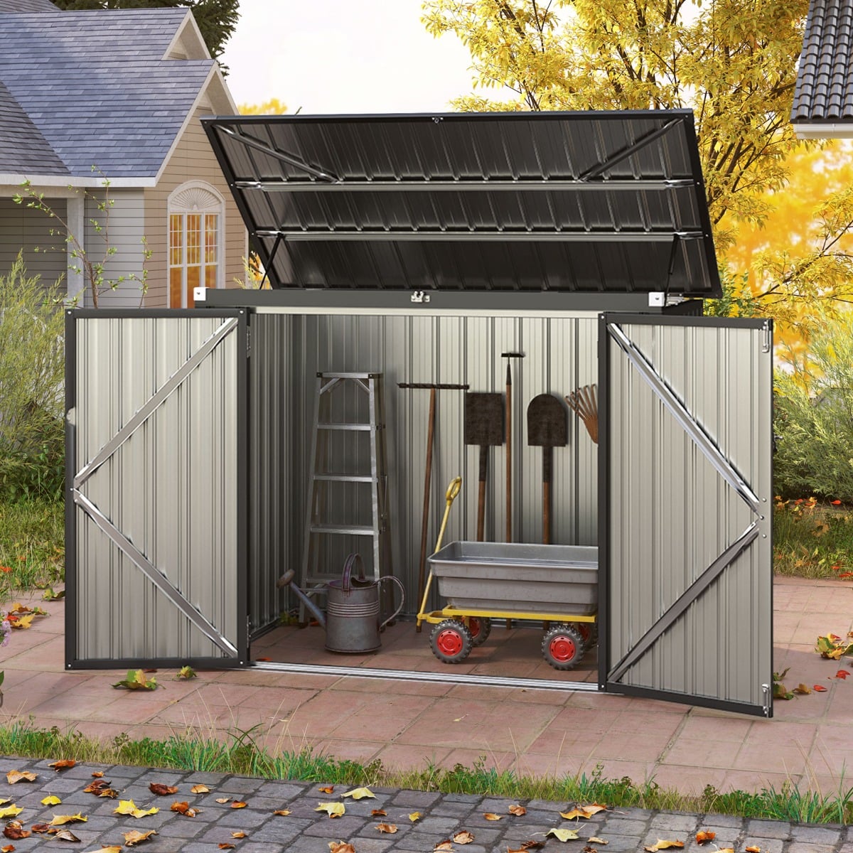 Outdoor Trash Can Storage Shed with Double Openings-Grey