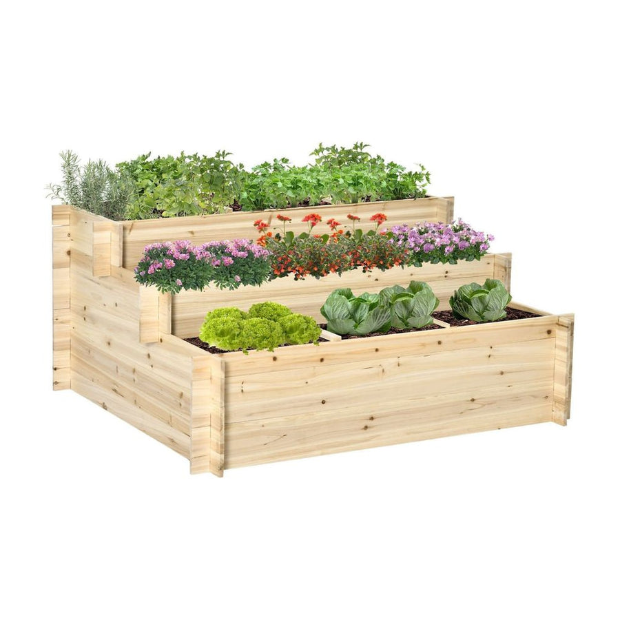Outsunny 117cm x 100cm x 54cm 3 Tier Raised Garden Bed 376L Fir Wood Elevated Planter Flower Box with 9 Grow Grids and