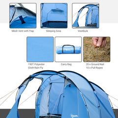 The camping tent showing close-ups of the mesh vent, sleeping area, carry bag and ground nails