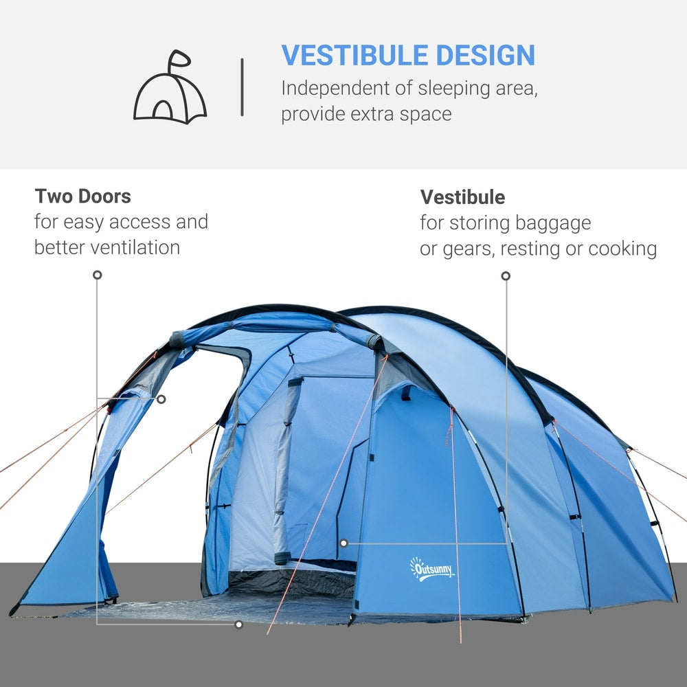 The camping tent with labels highlighting the vestibule design and two doors for ventilation