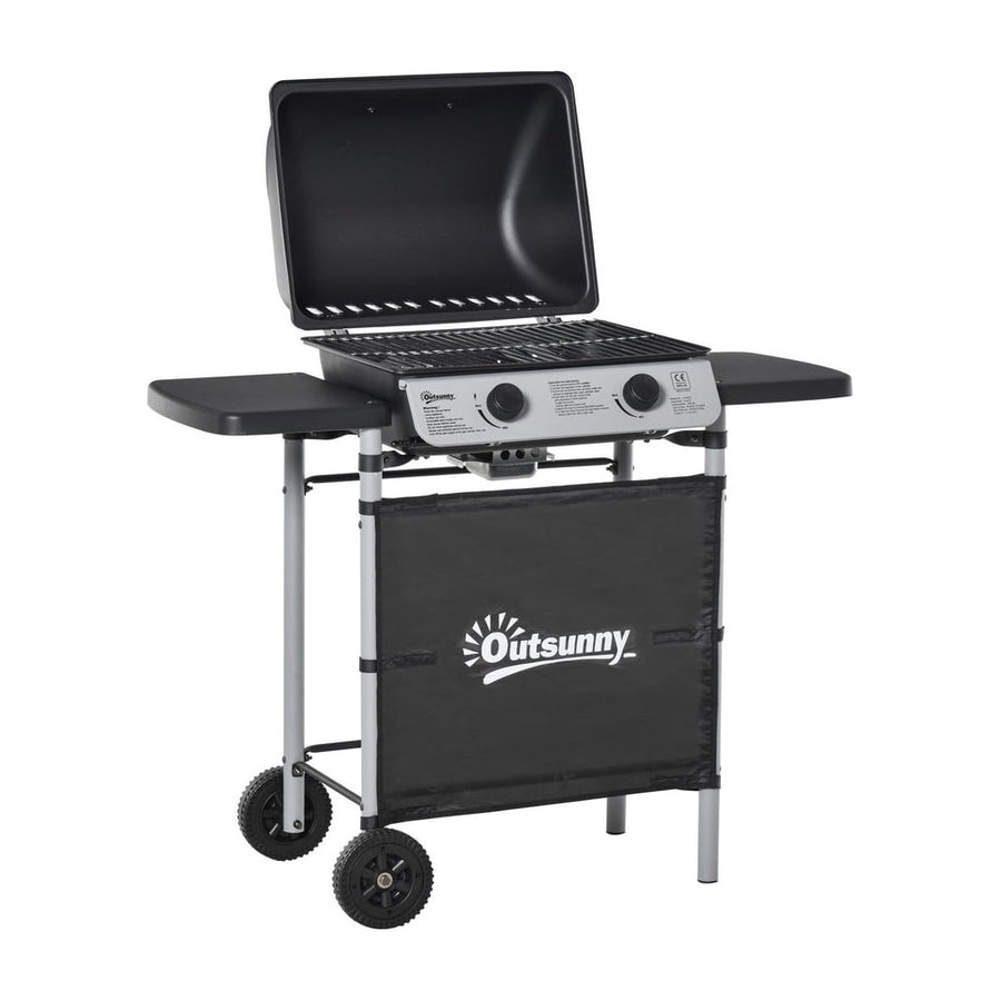 Outsunny 2 Burner Gas BBQ Trolley with Lid standing on a white background with the lid open