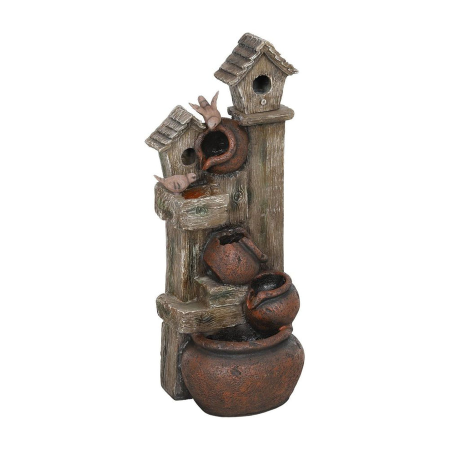 Outsunny 2-in-1 Waterfall Fountain with Birdhouse, Resin Garden Water Fountain with LED Lights Pump, Cascading Garden Water