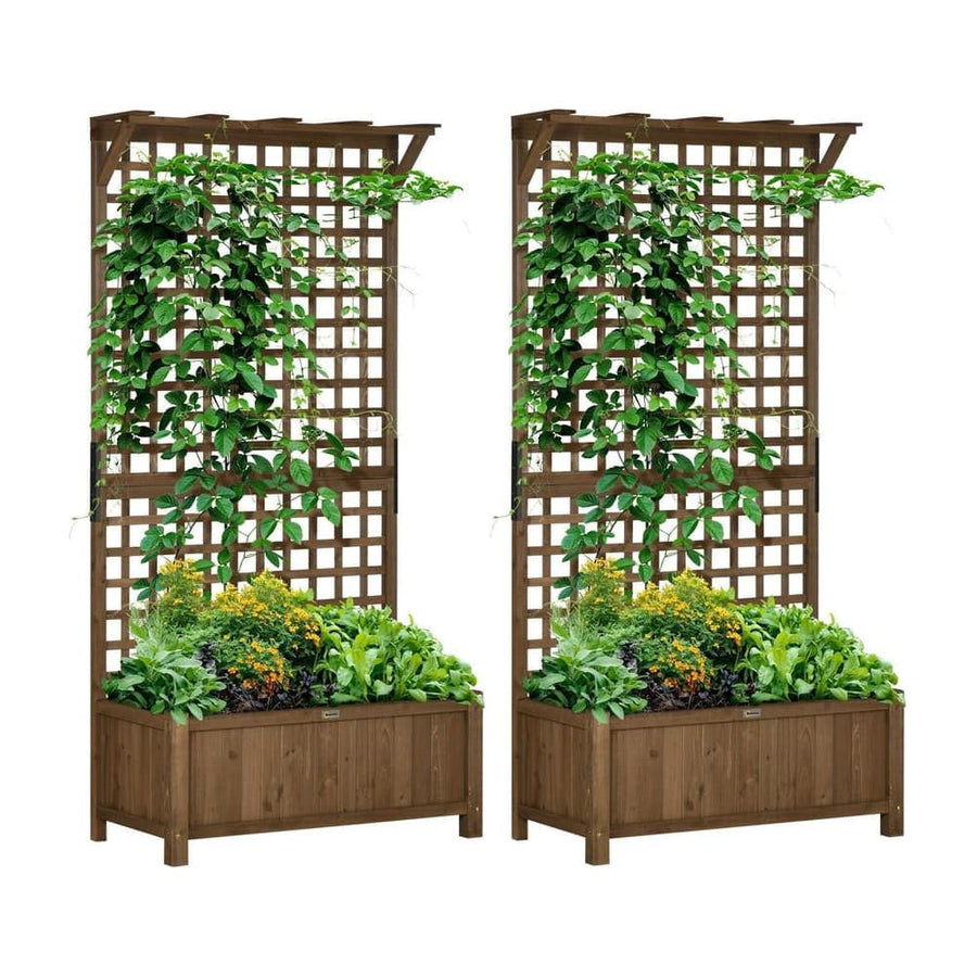 Outsunny 2 Pcs Raised Bed with Drainage Holes, Wood Planter with Trellis for Climbing Plants to Grow Vegetables, Flowers