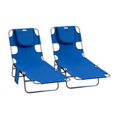 Outsunny 2 Pieces Foldable Sun Lounger with Reading Hole, Portable Sun Lounger with 5 Level Adjustable Backrest, Reclining