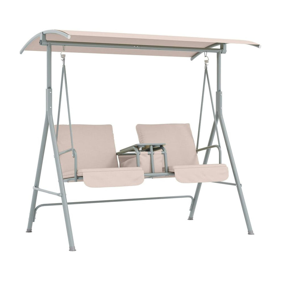 Outsunny 2 Seater Garden Swing Chair Patio Rocking Bench w/ Tilting Canopy, Double Padded Seats, Storage Bag and Tray, Beige