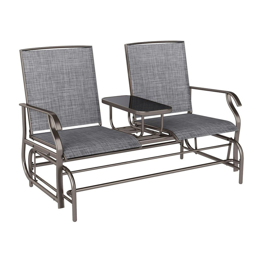 Outsunny 2 Seats Garden Glider Bench, Metal Frame Loveseat with Glass Top Centre Table, Porch Rocking Glider for 2 Person