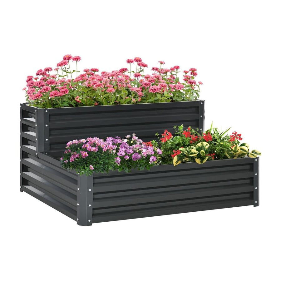 Outsunny 2 Tier Raised Garden Bed, Galvanised Planter Box with Open Bottom for Vegetables Flowers Herbs, 120x101x58cm, Dark