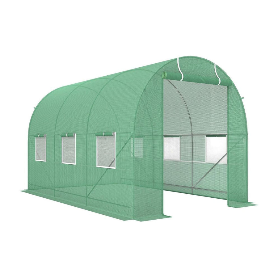 Outsunny 3.5 x 2m Walk-In Polytunnel Greenhouse, with Steel Frame, PE Cover, Roll-Up Door and 6 Windows, Green