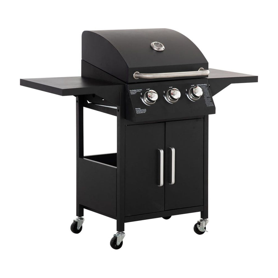 Outsunny 3 Burner Gas BBQ Grill Outdoor Portable Barbecue Trolley w/ Warming Rack, Side Shelves, Storage Cabinet