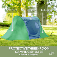Green three-room camping shelter with text overlay indicating waterproof protection
